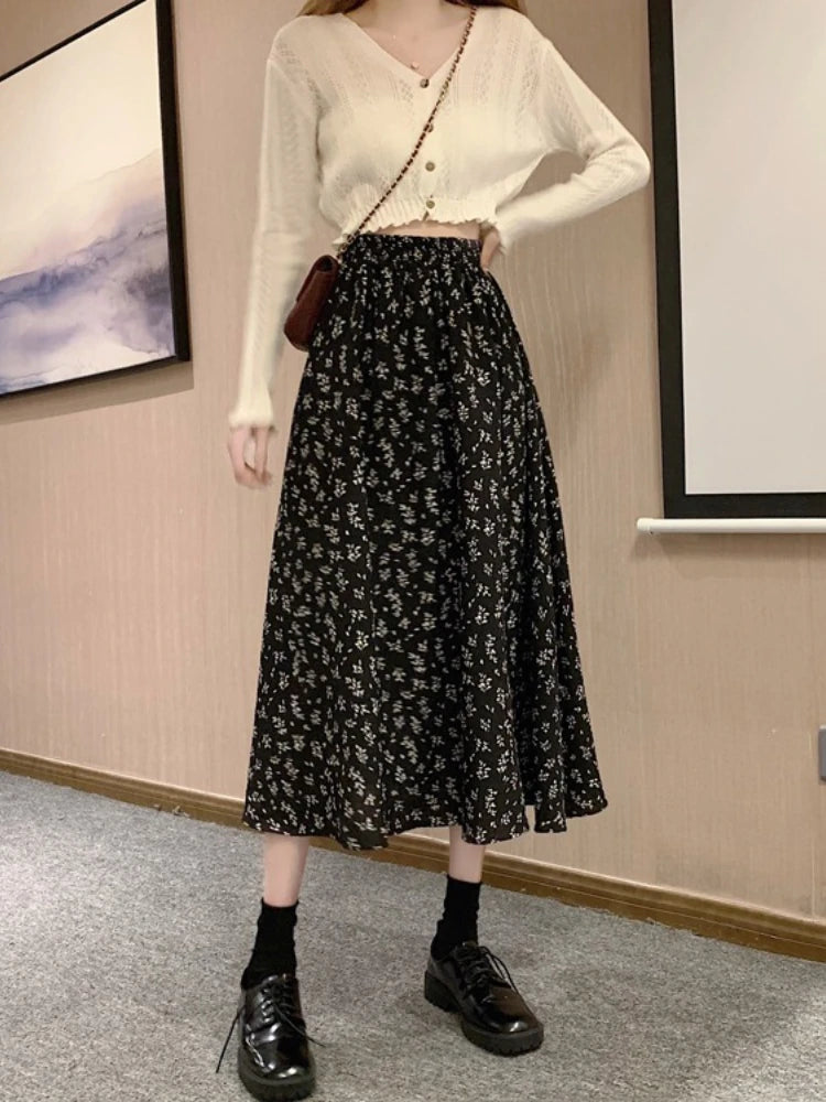 2026 Spring Summer New Mid-Length Chiffon Floral Women's Skirt Korean Style High Waist Black A-Line Skirts