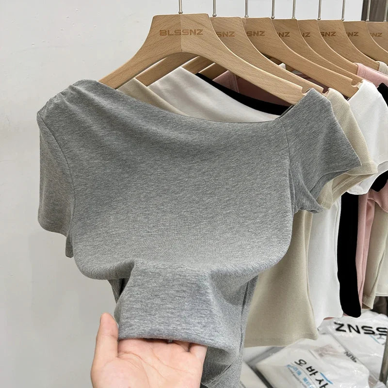 Womens Long Sleeve Off Shoulder T Shirts 2026 Tight Knit Sexy Slim Fitted Casual Women's Basic Tops Cropped T-Shirt New