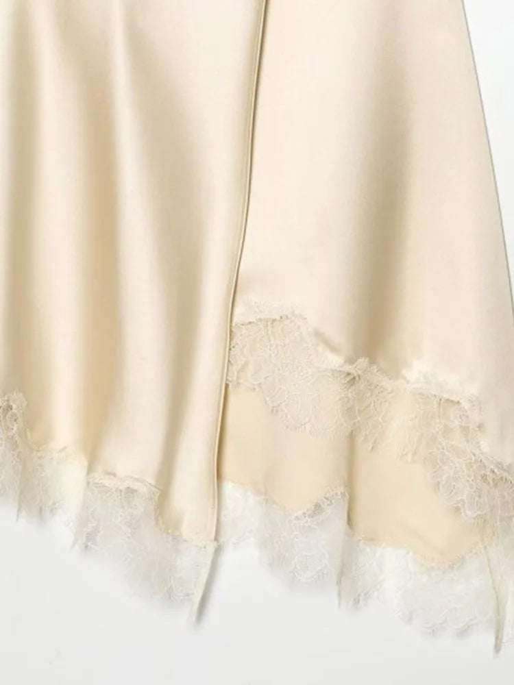 Women Satin Mini Skirts 2026 Fashion Sexy Lace Spliced Asymmetry Female Elegant Street Skirt Clothes