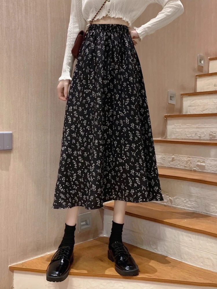 2026 Spring Summer New Mid-Length Chiffon Floral Women's Skirt Korean Style High Waist Black A-Line Skirts