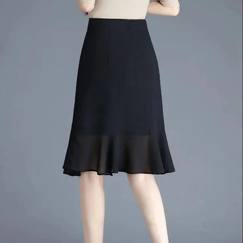 Korean Fashion Women Black Chiffon Half Skirts Summer New Office Lady Elastic High Waist Ruffles All-match Slim Fishtail Skirt