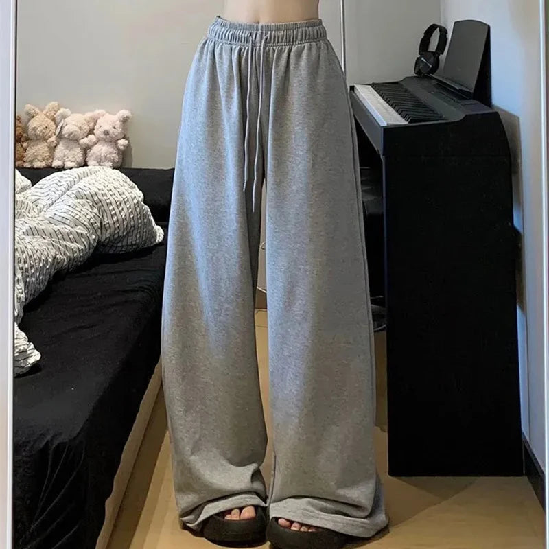 2026 Harajuku Wide Leg Sweatpants for Women Elastic Waist Casual Sport Pants Woman Streetwear Gray Oversize Sportswear Female
