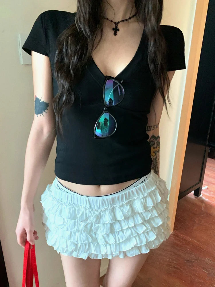 V-neck Short Sleeve Tops Casual Women T Shirts Black Summer Skinny Sexy Solid Basic Crop Top Fashion Streetwear