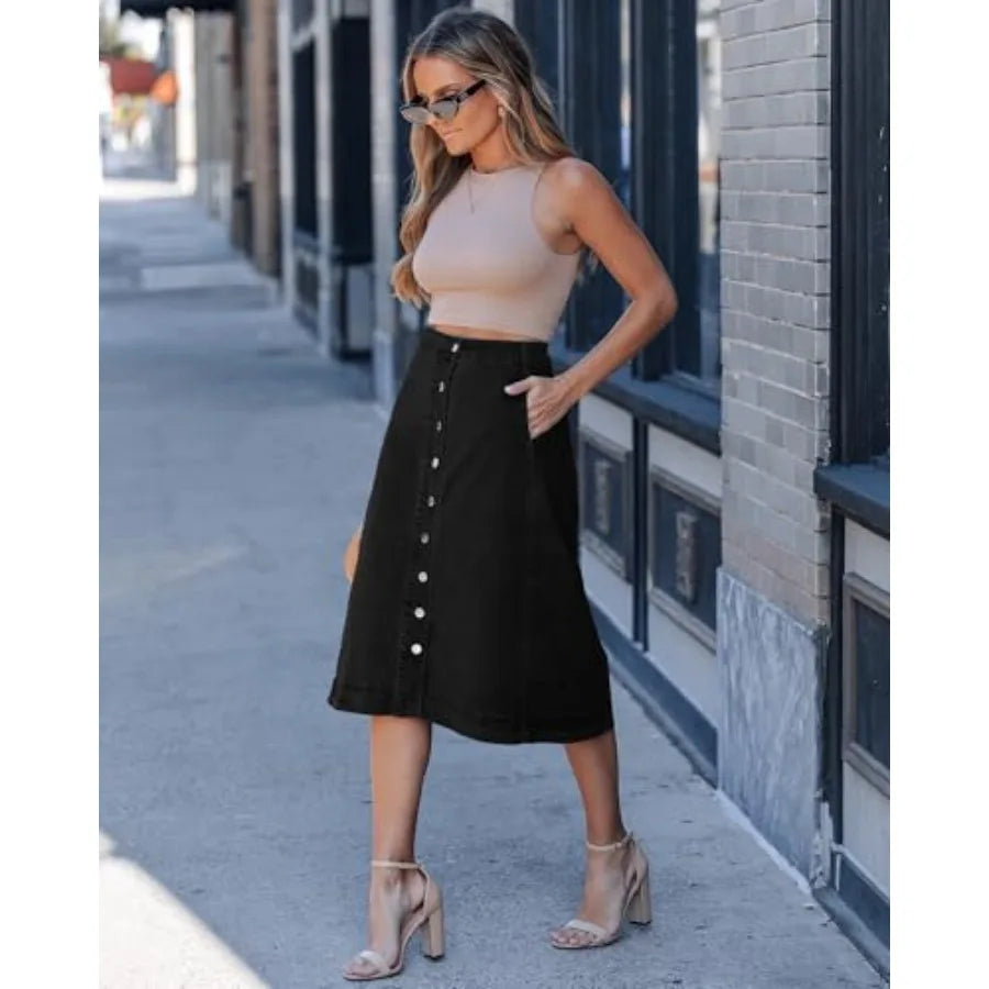 luvamia Jean Skirts for Women Trendy Midi Length A Line Western Casual Button Down Stretchy Denim Skirt with Pockets