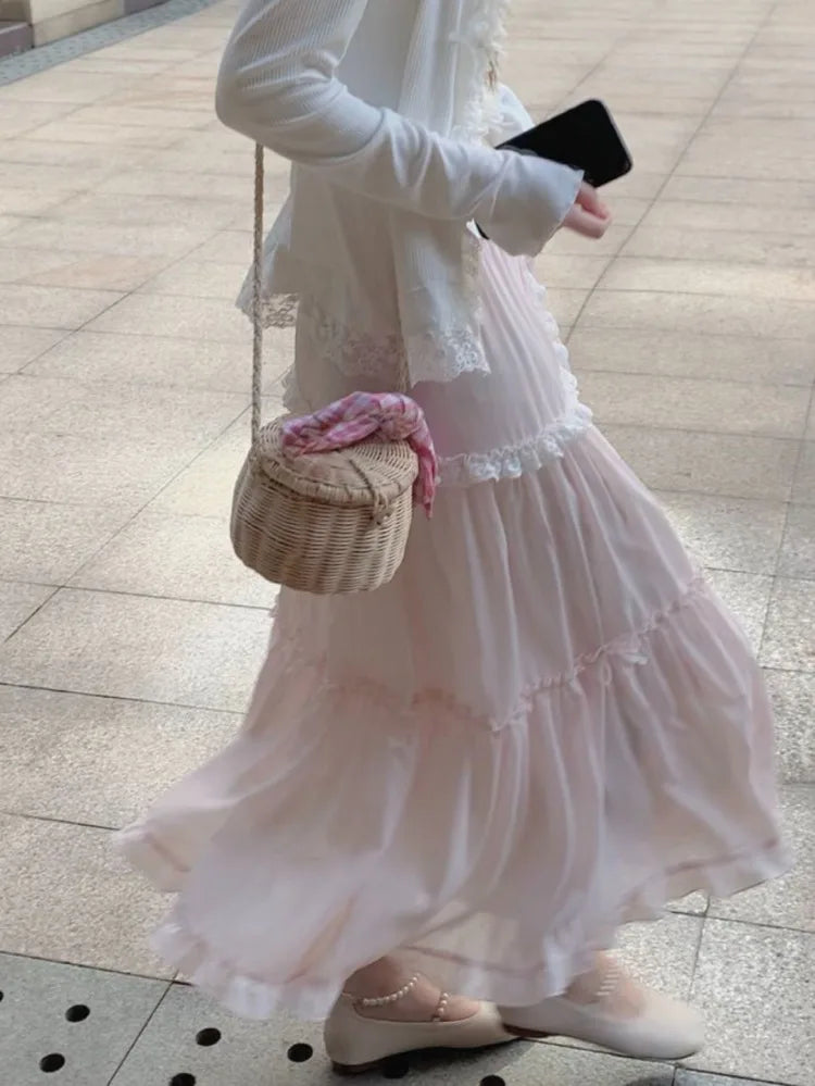 Ezgaga Sweet Skirts Women Bowknot Lace Patchwork Stretch High Waist Spring 2026 Fashion Elegant Long Skirt Female Casual