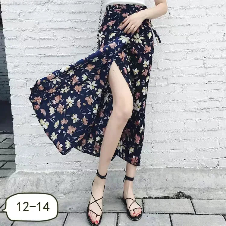 Wrap Skirts Women Casual Chiffon Tie-Waist Ruffle Wide Leg Loose One Piece Split Print Holiday Bodycon Skirt Women