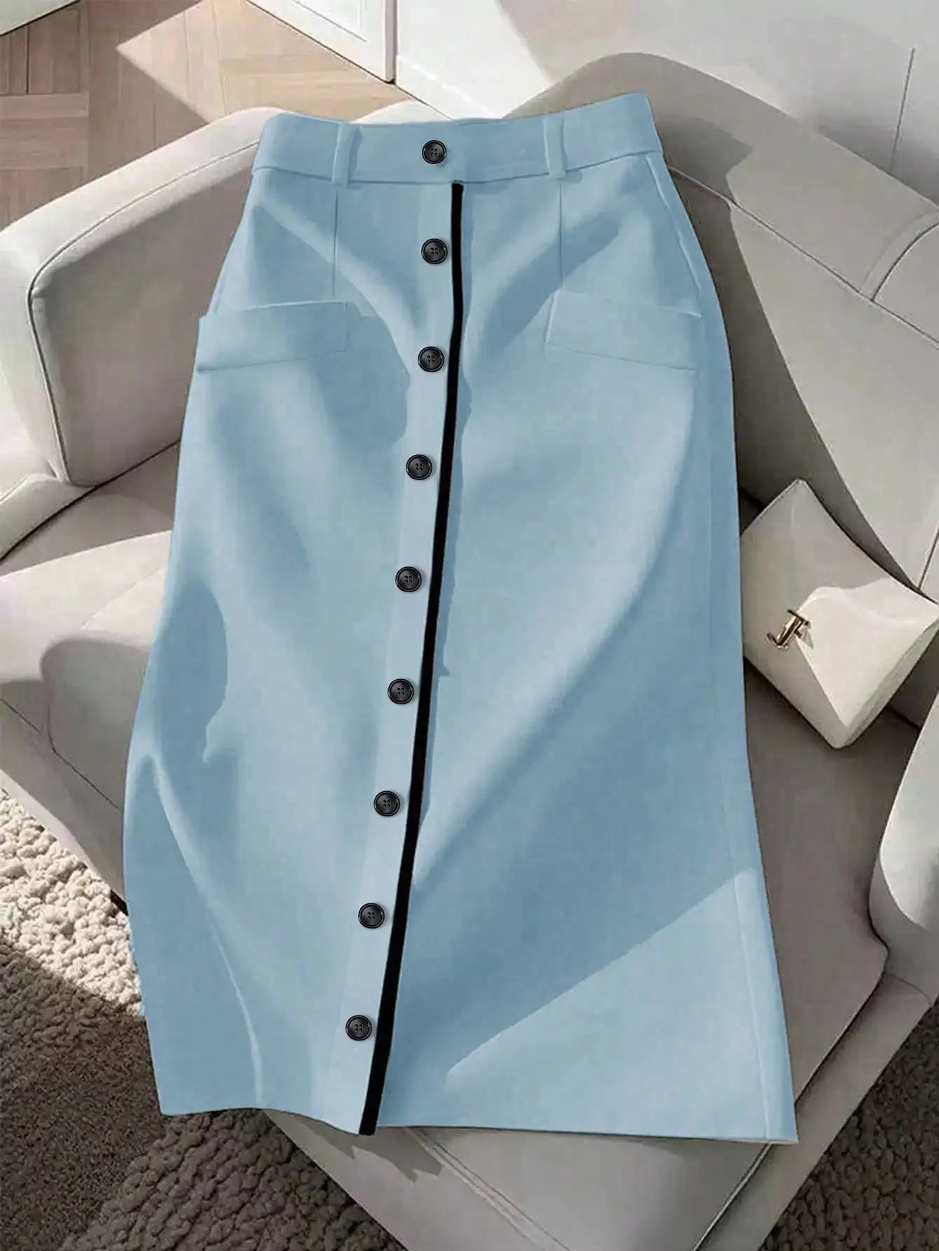 Women's  Button Down Midi Skirt - Formal High Waist Pocket Split Skirt with Contrast Piping for Office & Casual Wear