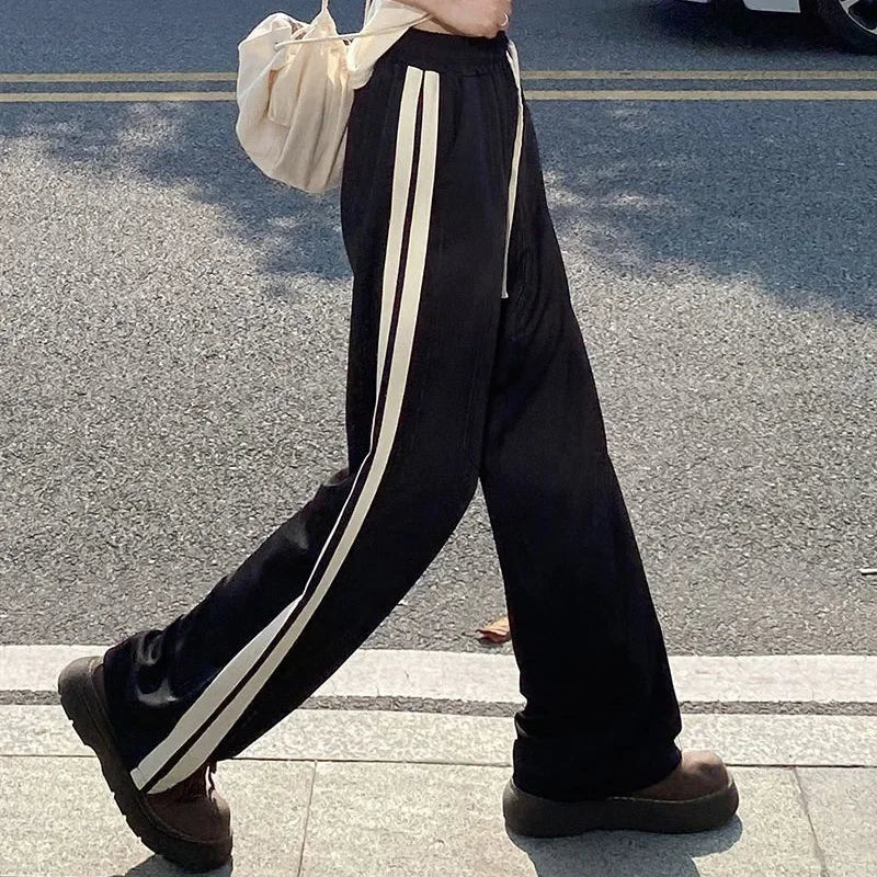 Lady Chic Designer High Waisted Pants Girls Korean Patchwork Baggy Straight Leg Trousers Female Comfortable Daily Pants