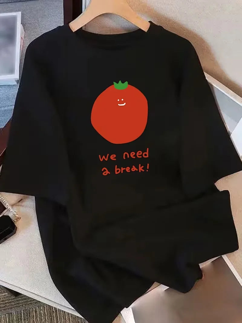 Cute Tomato Print Short Sleeve T-shirt Versatile Minimalist Crew Neck Tee Casual Korean Style Food Graphic Top for Women Girl