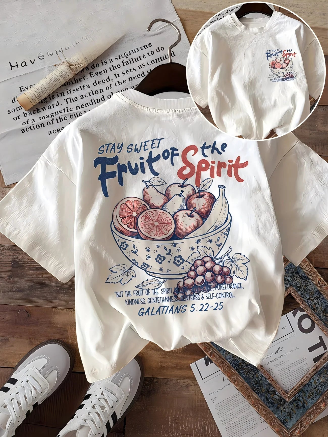 Fruit Of The Spirit Christian T-Shirt Women Stay Sweet Bible Verse Graphic Tee Galatians 5 22 25 Vintage Aesthetic Casual Top