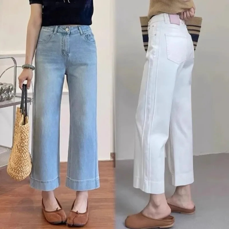 Women High Waist Wide Leg Pants Casual Loose Trousers Summer Solid Color Straight Fit Pocketed Ankle-Length Jeans