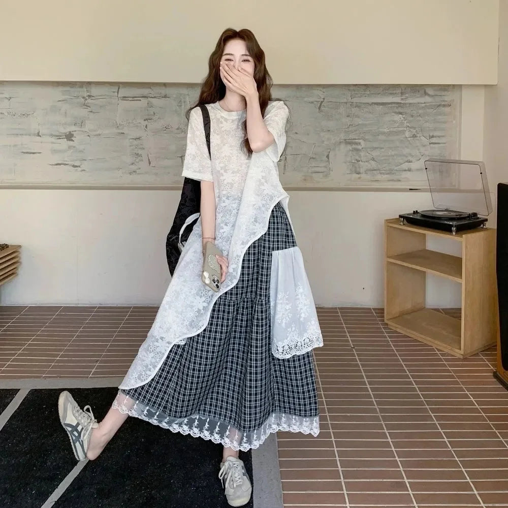 Retro Plaid Pleated Skirt Lace Patchwork Irregular Patchwork Long Skirts Women Students Casual Loose High Waist Sweet Skirts