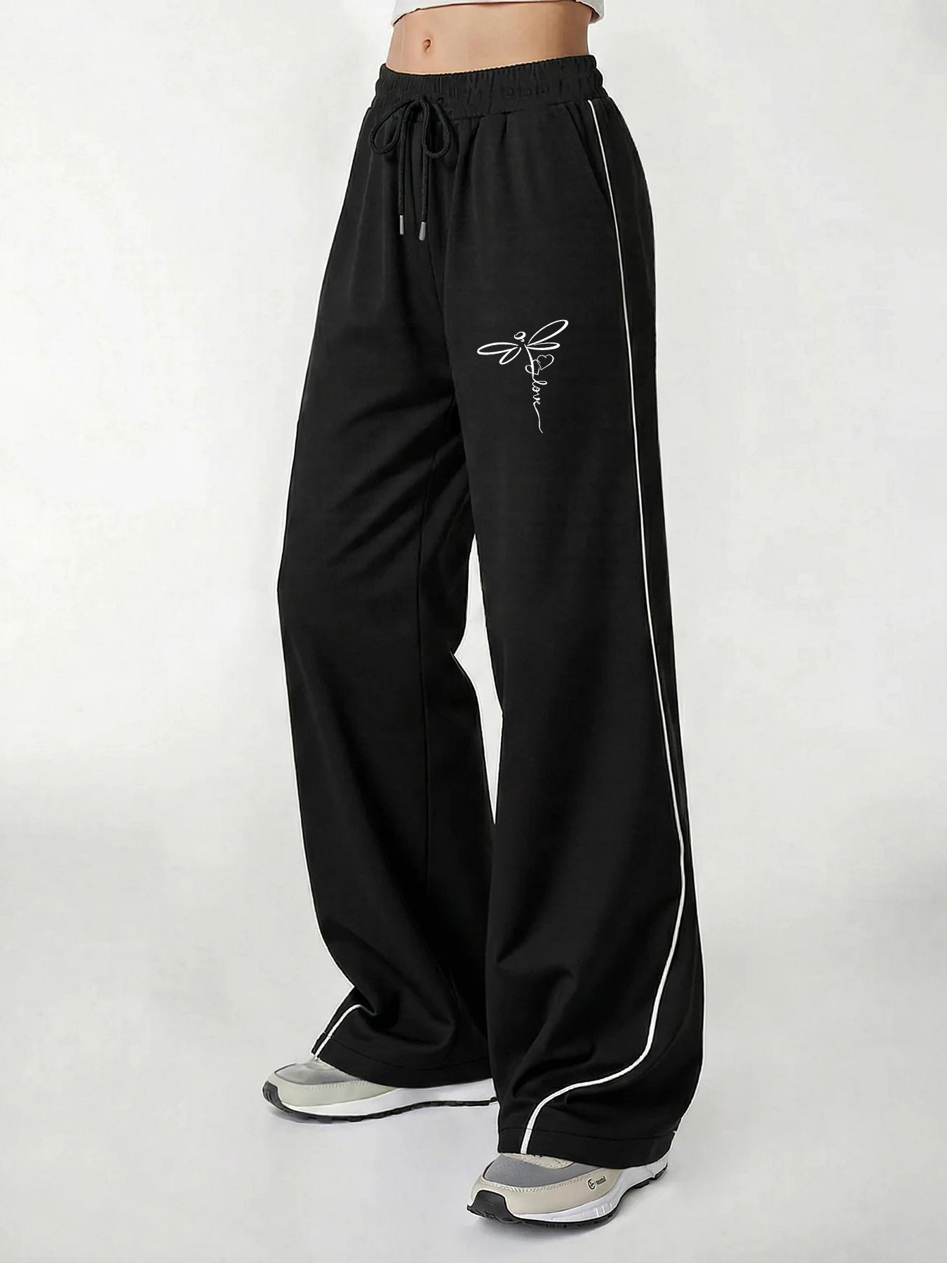 Women's Casual Pants, a Must-Have for Trendy Looks, Summer Fresh Artistic Style with Dragonfly Love Line Print, Color-Blocked Wide-Leg Casual Pants with White Side Stripe Design, Loose Fit with Strong Drape Effect, Slimming a