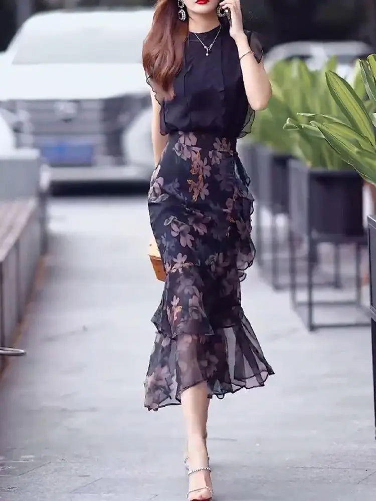 Floral Chiffon Female Skirts High Waist Ruffle Women's Skirt Irregular Vintage Clothing Sales Y2k Korean Fashion Premium Quality