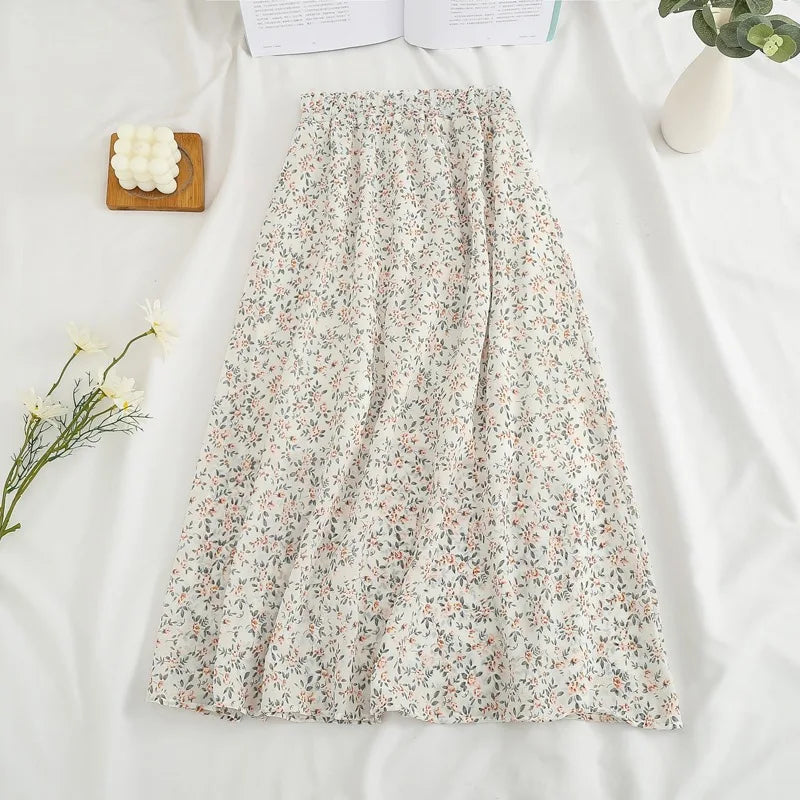 Summer Skirts Womens Vintage Floral Printed Chiffon Skirts Elastic High Waist Casual Midi A-Line Beach Skirts