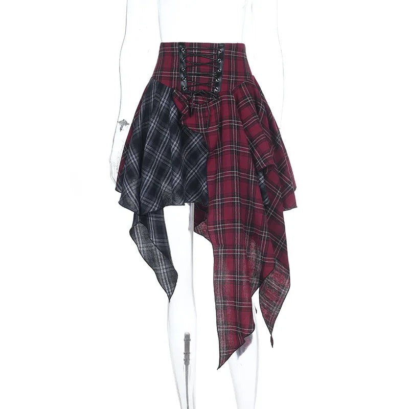 Gothic Patchwork Irregular Kpop Dance Casual Plaid Print Skirt Streetwear 2026 Harajuku Hip Hop Grunge Aesthetic Emo Punk Skirts