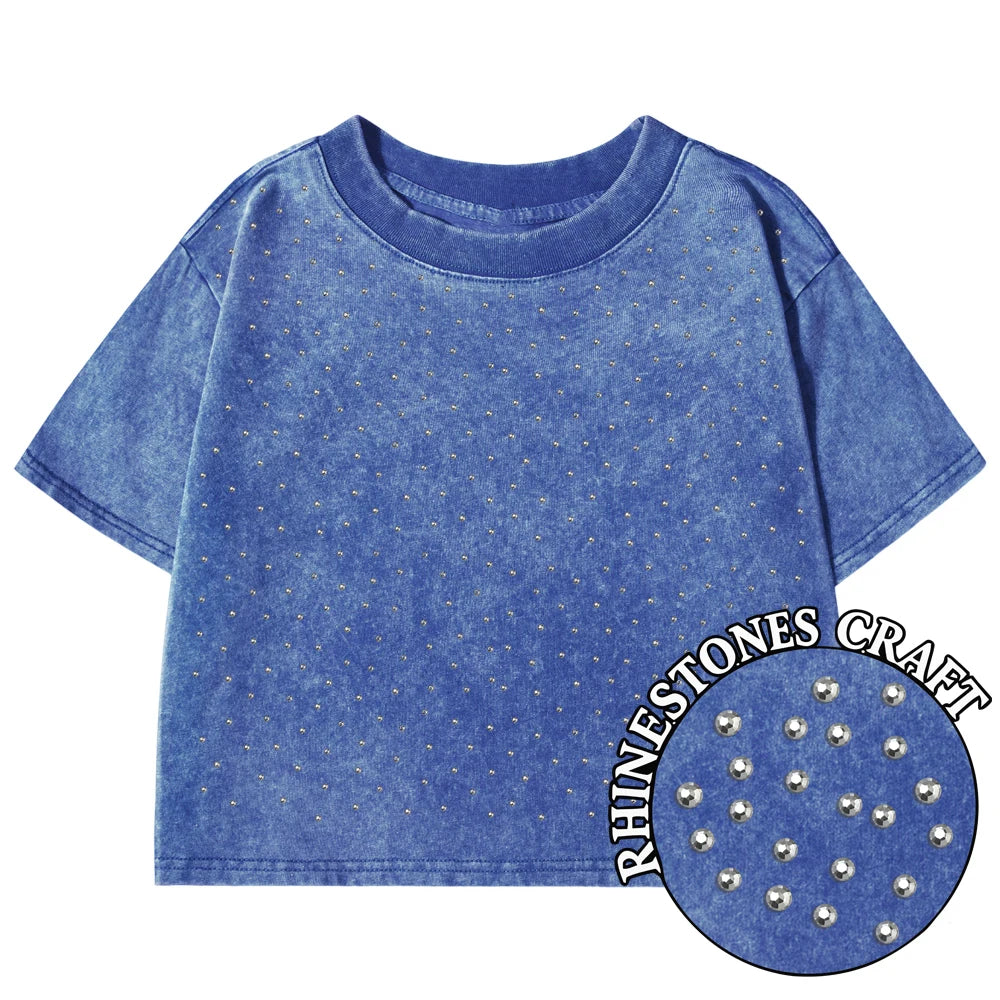 Solid Slim Washed T-Shirt Female Rhinestone Craft Cotton Streetwear Casual Sport Short Sleeve Cool Retro Crop Clothing For Women