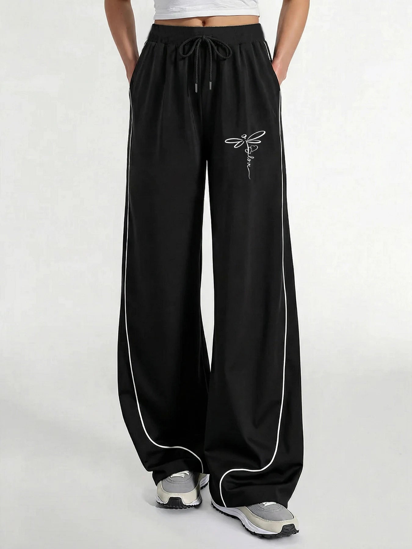 Women's Casual Pants, a Must-Have for Trendy Looks, Summer Fresh Artistic Style with Dragonfly Love Line Print, Color-Blocked Wide-Leg Casual Pants with White Side Stripe Design, Loose Fit with Strong Drape Effect, Slimming a