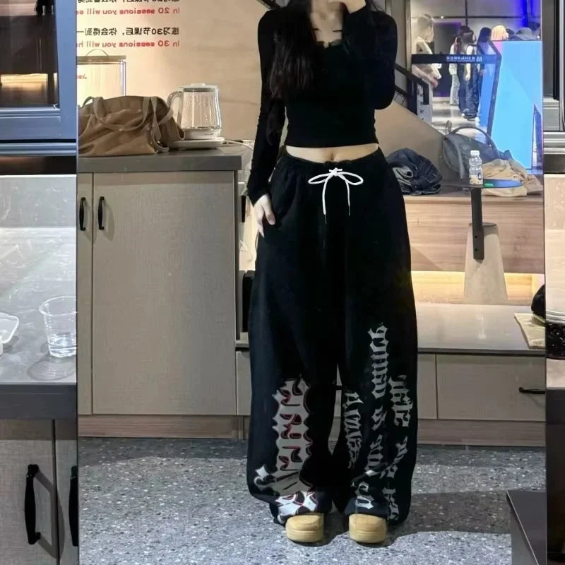 Retro Y2K Wide Leg Track Pants for Women Casual Street Dance Baggy Joggers Sweatpants Trendy 2025 Print Letter Design Versatile