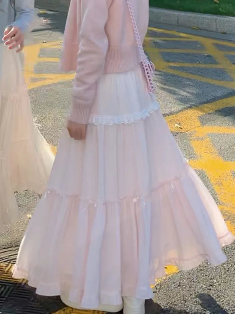 Ezgaga Sweet Skirts Women Bowknot Lace Patchwork Stretch High Waist Spring 2026 Fashion Elegant Long Skirt Female Casual