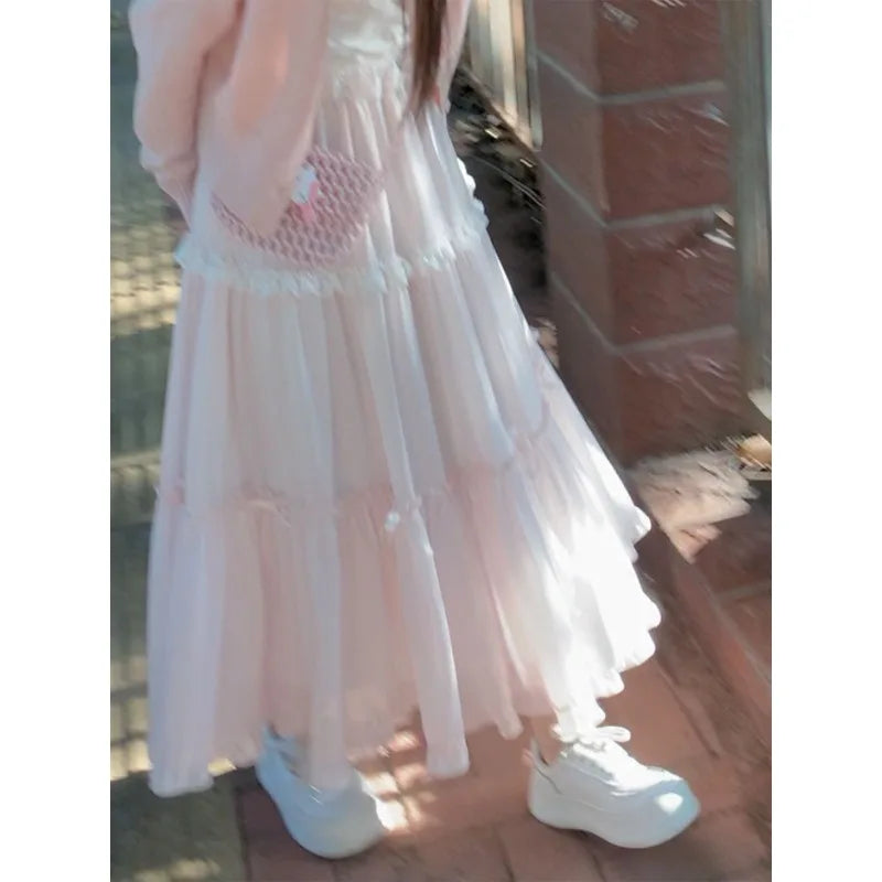 Ezgaga Sweet Skirts Women Bowknot Lace Patchwork Stretch High Waist Spring 2026 Fashion Elegant Long Skirt Female Casual