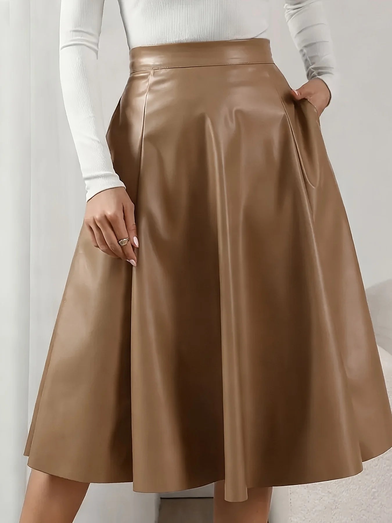 Retro Textured Pu Leather Skirt, High-Waisted A-Line Skirt, Casual and Versatile Women's Clothing