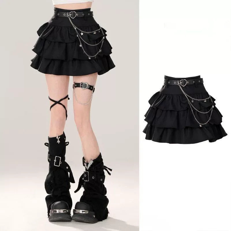 Belt Metal Chain Punk Mini Skirts for Women Summer High Waist Pleated Black Cake Skirt Woman Streetwear A Line Short Skirt Mujer