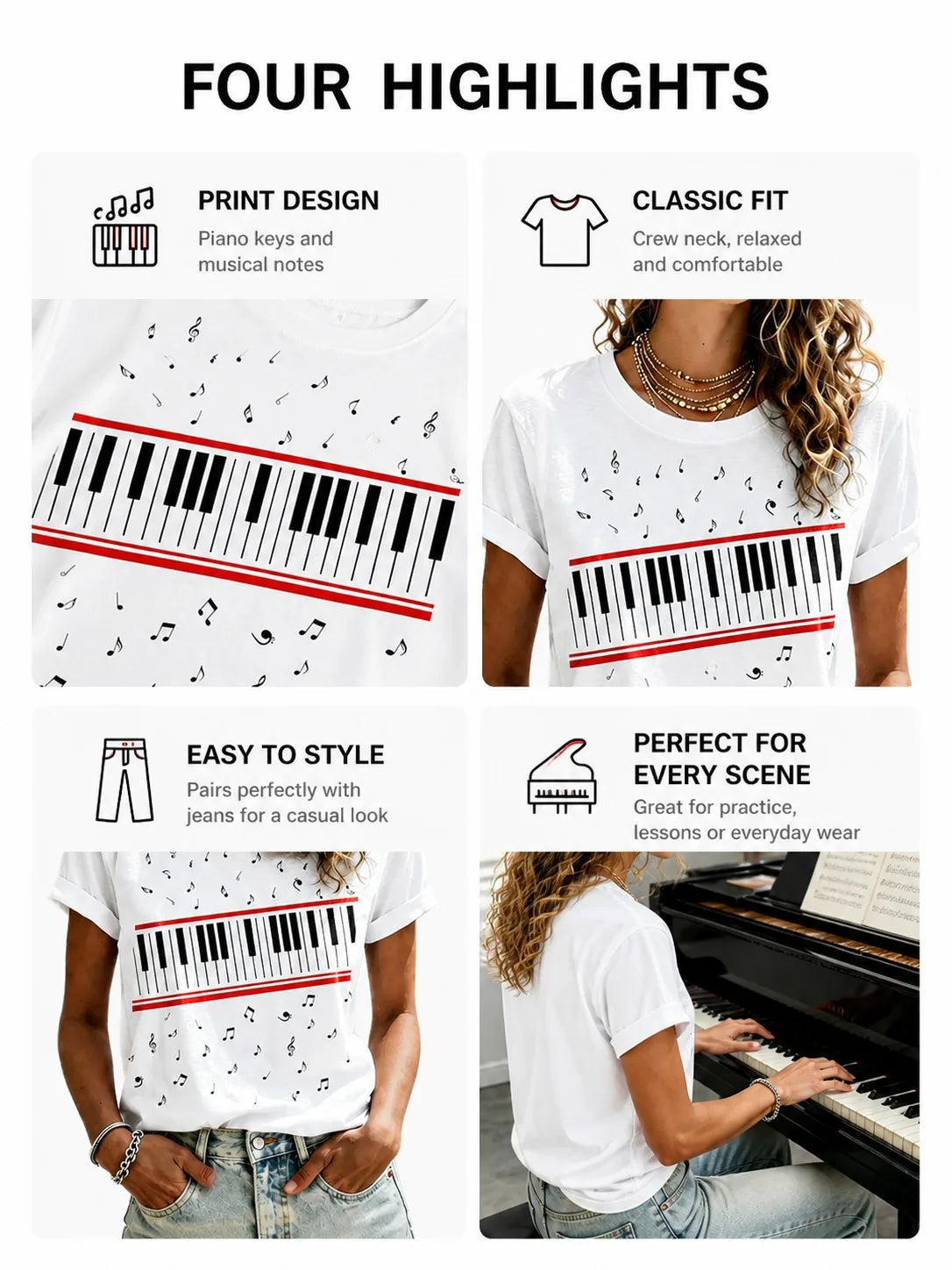 Ilstile Women's   Piano  Music Notes Print T-Shirts Summer Short Sleeve Casual Round Neck Tops  Retro Fan Favorite Tees NEW