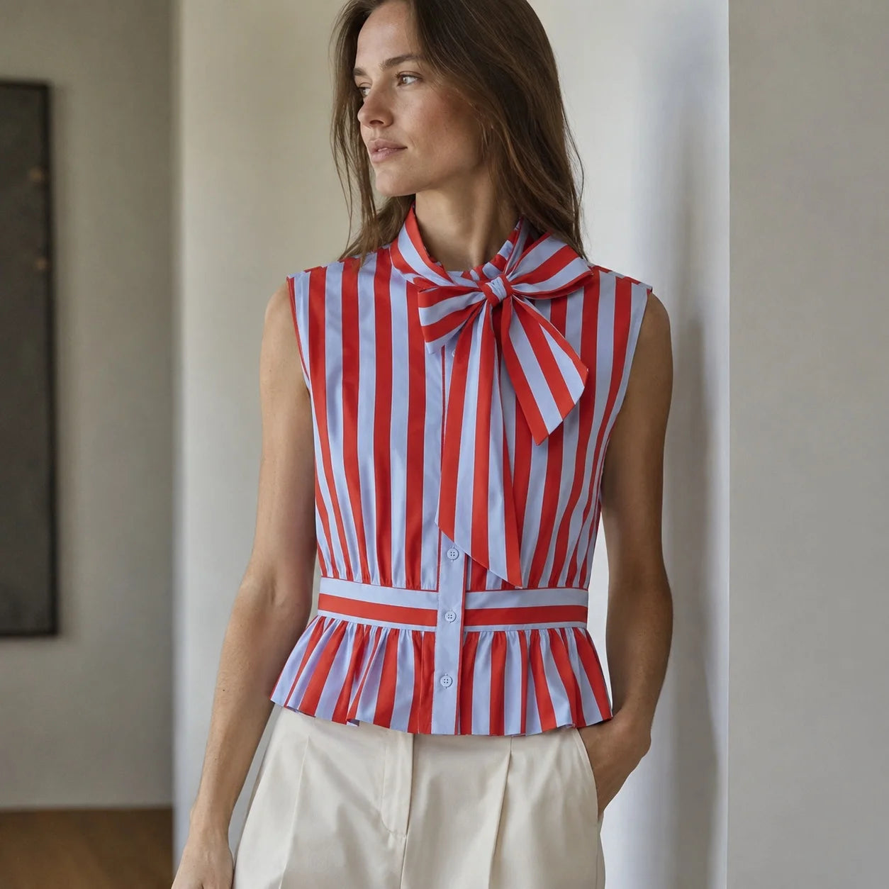 Striped Bow Blouse Women Sleeveless Peplum Tops Elegant High Neck Ruffle Shirt Vintage Chic Slim Waist Summer Blusas