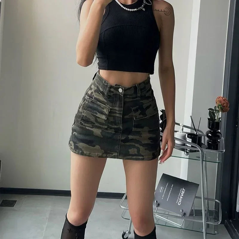 High Street Split Denim Skirt Woman 2025 Summer with Pockets Camouflage Cargo Skirt Women American Retro High Waist Mini Skirts