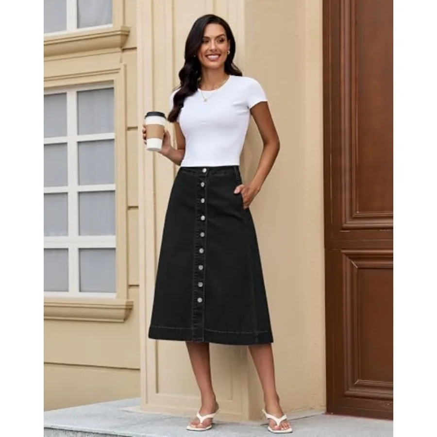 luvamia Jean Skirts for Women Trendy Midi Length A Line Western Casual Button Down Stretchy Denim Skirt with Pockets