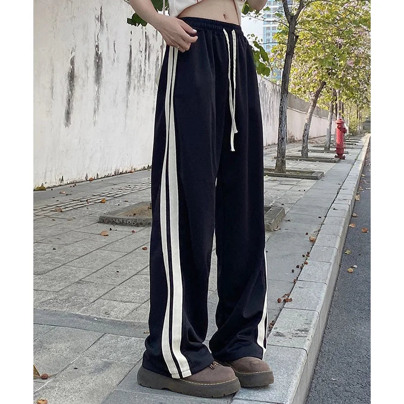 Lady Chic Designer High Waisted Pants Girls Korean Patchwork Baggy Straight Leg Trousers Female Comfortable Daily Pants