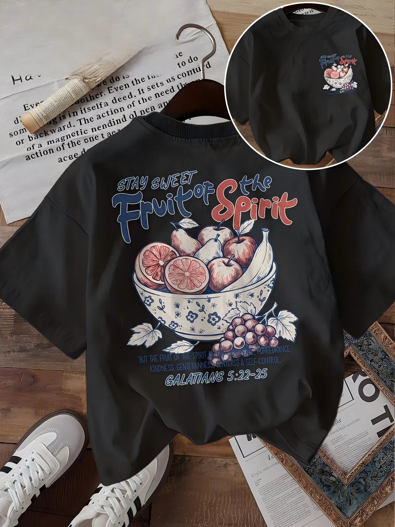 Fruit Of The Spirit Christian T-Shirt Women Stay Sweet Bible Verse Graphic Tee Galatians 5 22 25 Vintage Aesthetic Casual Top