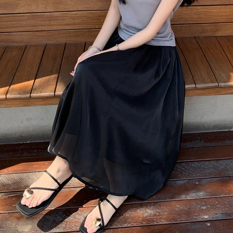Korean Fashion Women Chiffon Skirt Summer High Waist Loose Ankle-Length Skirt Female Casual All Match A Line Skirts New
