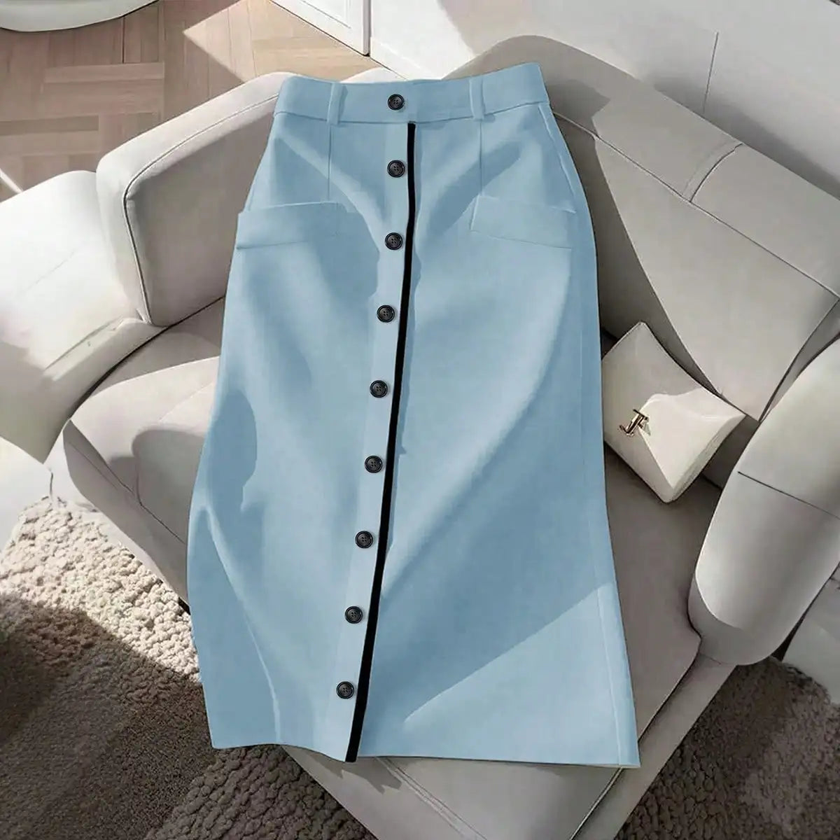 Women's  Button Down Midi Skirt - Formal High Waist Pocket Split Skirt with Contrast Piping for Office & Casual Wear