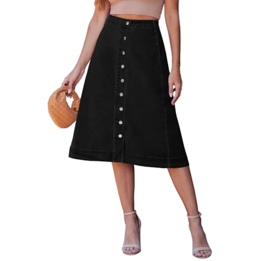 luvamia Jean Skirts for Women Trendy Midi Length A Line Western Casual Button Down Stretchy Denim Skirt with Pockets