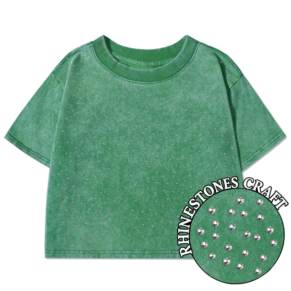 Solid Slim Washed T-Shirt Female Rhinestone Craft Cotton Streetwear Casual Sport Short Sleeve Cool Retro Crop Clothing For Women
