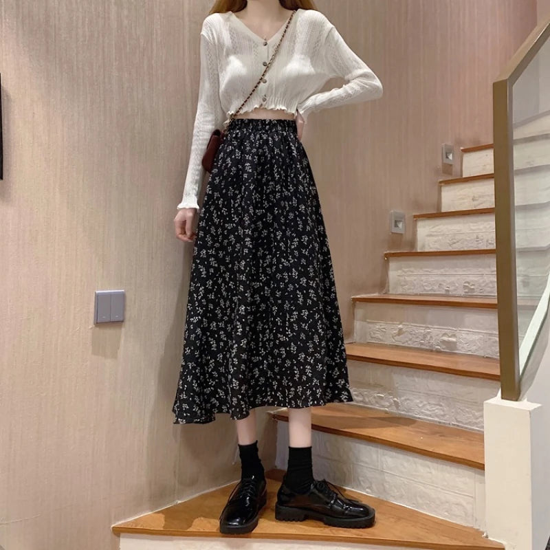 2026 Spring Summer New Mid-Length Chiffon Floral Women's Skirt Korean Style High Waist Black A-Line Skirts