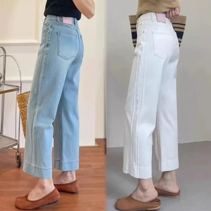 Women High Waist Wide Leg Pants Casual Loose Trousers Summer Solid Color Straight Fit Pocketed Ankle-Length Jeans