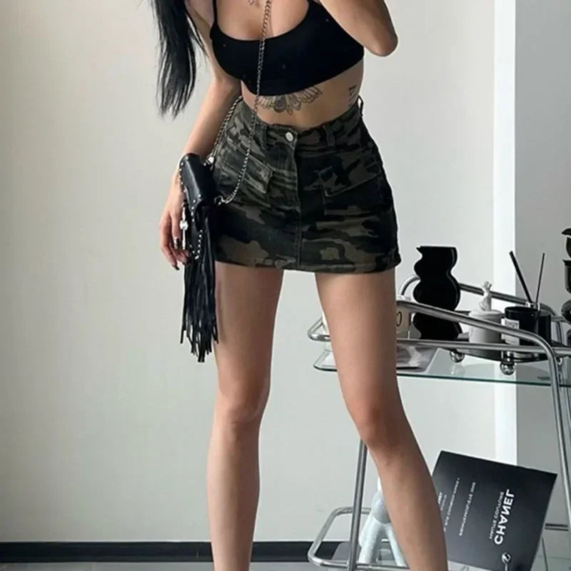 High Street Split Denim Skirt Woman 2025 Summer with Pockets Camouflage Cargo Skirt Women American Retro High Waist Mini Skirts