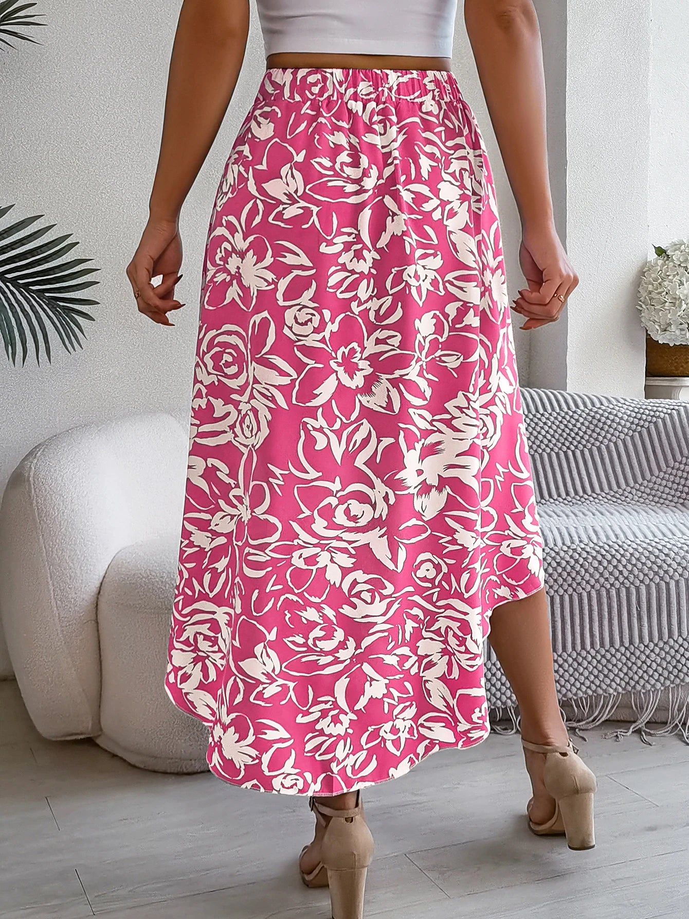 Spring Summer Elegant Flower Print Asymmetric Ruffle Edge Skirt Contrasting Colors Skirts for Women 2026 Fashion Dresses Pink
