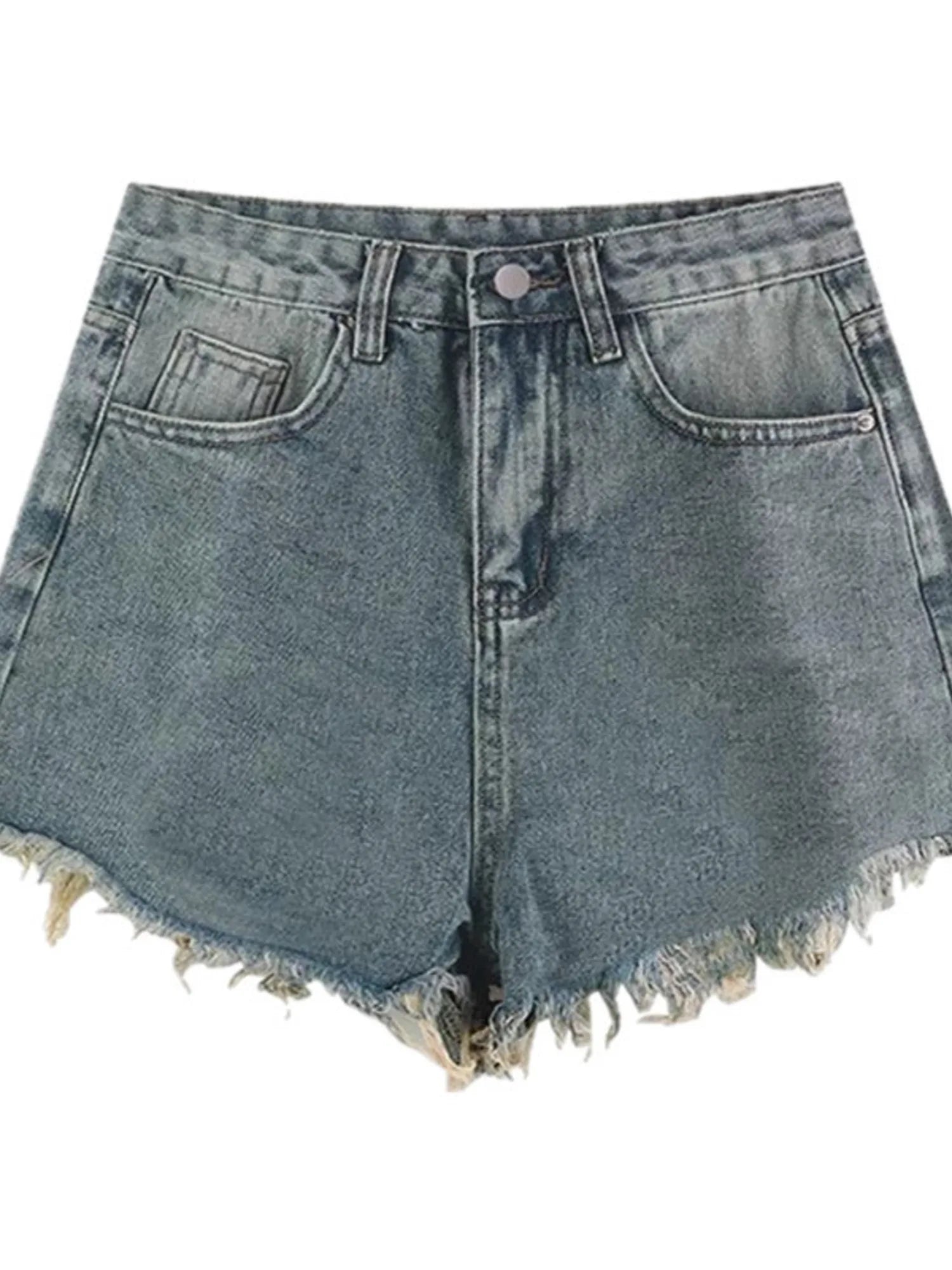 Women's High Waist Denim Shorts Vintage Wash Arc Pocket Raw Fringe Hem Distressed Jean Shorts Y2K Streetwear