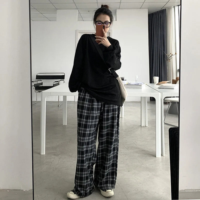 S-3Xl Plaid Wide Leg Pants Women Harajuku Oversized Sweatpants Streetwear Vintage High Waist Baggy Joggers All Match Trousers