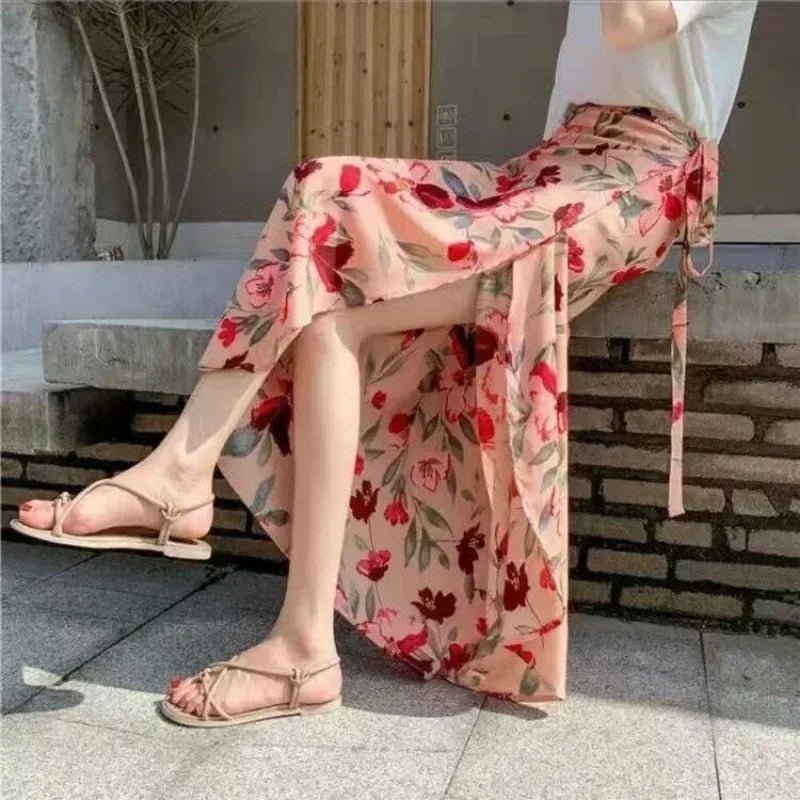 Wrap Skirts Women Casual Chiffon Tie-Waist Ruffle Wide Leg Loose One Piece Split Print Holiday Bodycon Skirt Women