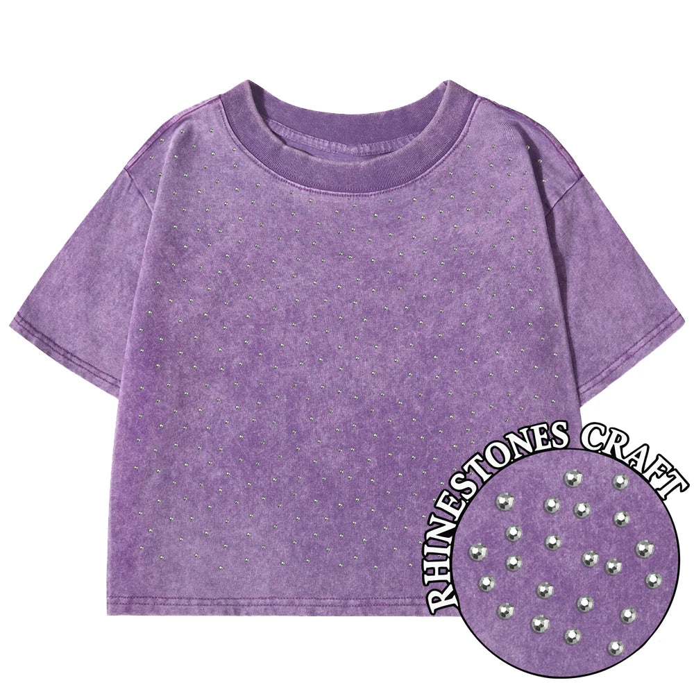 Solid Slim Washed T-Shirt Female Rhinestone Craft Cotton Streetwear Casual Sport Short Sleeve Cool Retro Crop Clothing For Women