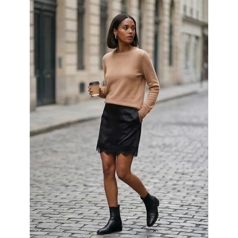 FANAN Women Fashion Solid Side Zipper Lace Hem Mini Skirts Shorts Vintage High Waist Female Chic Lady Shorts