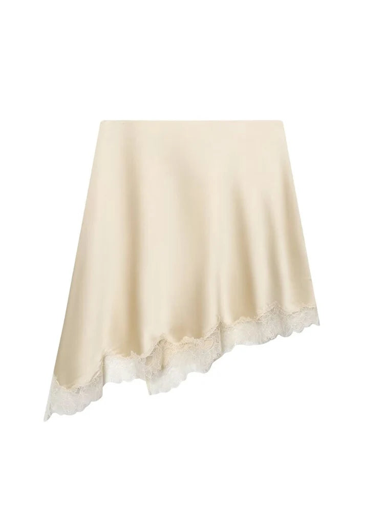 Women Satin Mini Skirts 2026 Fashion Sexy Lace Spliced Asymmetry Female Elegant Street Skirt Clothes
