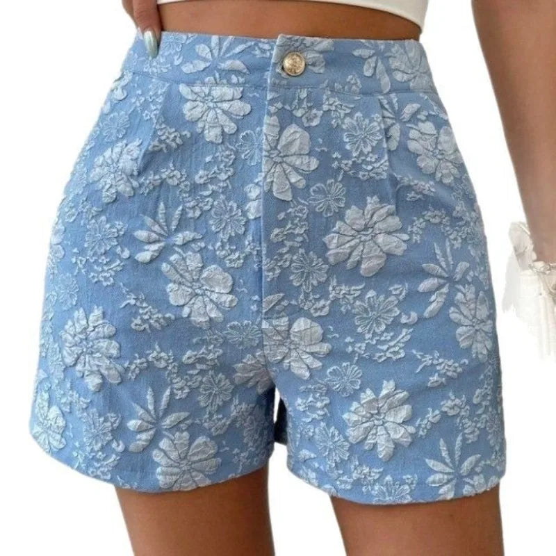 Women's Retro Jacquard High Waist Straight Shorts Summer Breathable Street Casual Hot Pants Versatile Bottoms for Daily Vacation