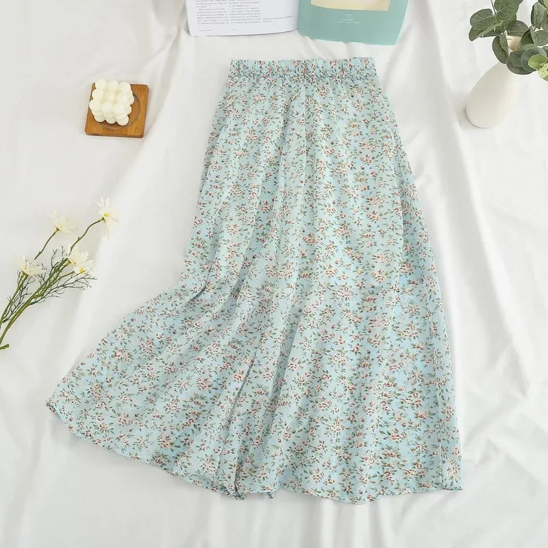Summer Skirts Womens Vintage Floral Printed Chiffon Skirts Elastic High Waist Casual Midi A-Line Beach Skirts