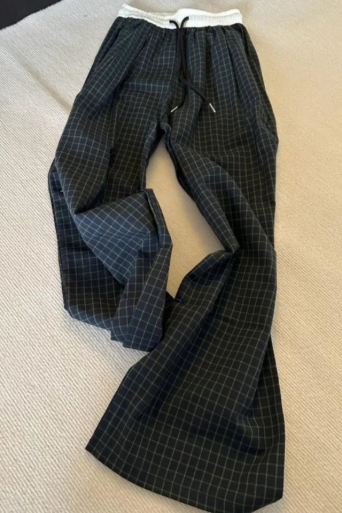 Summer Black Checkered Loose Wide Leg Summer Casual and Stylish Pants for Women Elastic Waistband Drawstring Straight Leg Pants
